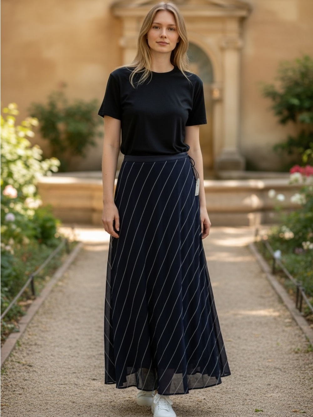 Lauren Ralph Lauren Womens 14 Navy Stripe Maxi Skirt Silk Blend Bias Cut NWT